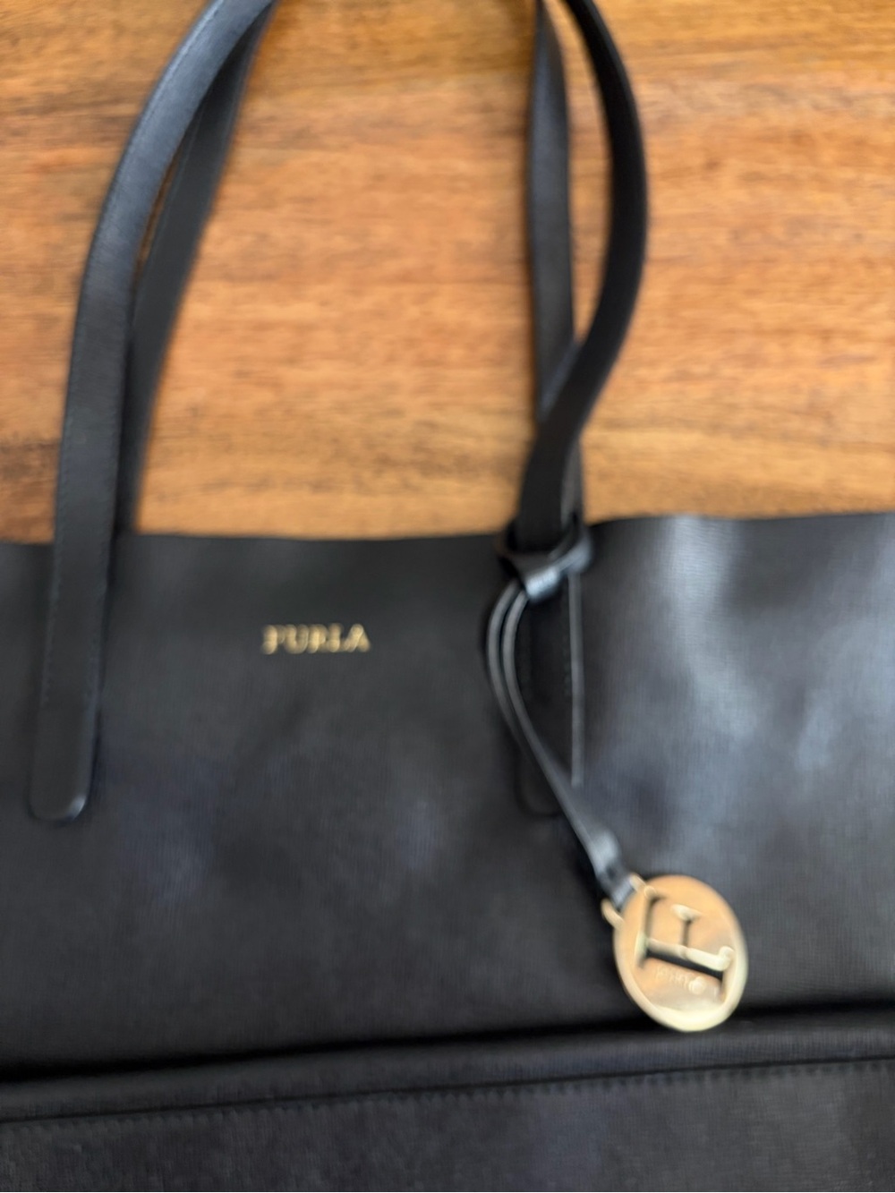 Furla Black Leather Tote with Gold Charm